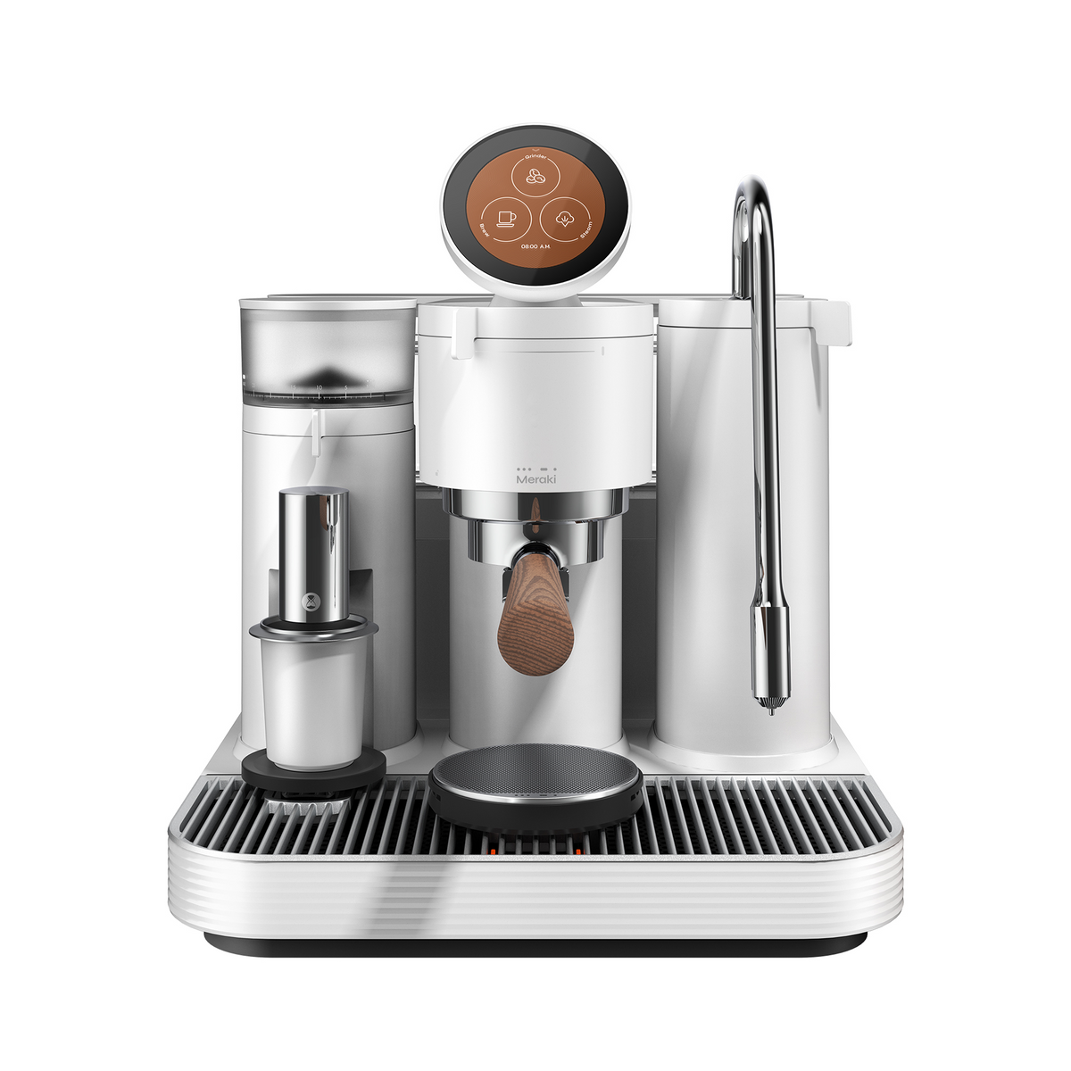 Weiße Meraki Espressomaschine in einer ruhigen Küchenumgebung