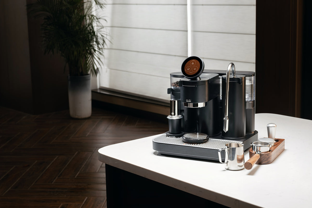 Meraki Espressomaschine mit rundem Display und Dampflanze neben Milchkännchen und Tamper vor einem hellen Fenster.